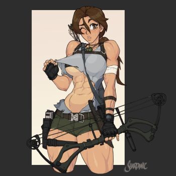 abs belt breasts brown_eyes brown_hair cropped_legs gloves highres jewelry lara_croft logo looking_at_viewer muscular necklace one_eye_closed original shardanic shirt shorts solo tomb_raider tomb_raider:_the_legend_of_lara_croft torn_clothes torn_shirt