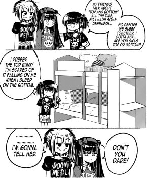 3girls 3koma :3 bed blunt_bangs bunk_bed choker comic commentary crop_top cropped_shirt doom-metal-girl_(grs-) earrings emo-girl_(grs-) english_commentary english_text frozen_(disney) grs- hairband highres index_finger_raised j-pop_girl_(grs-) jewelry jitome ladder long_hair monochrome multiple_girls original pillow shelf shirt short_hair smirk smug spiked_choker spikes sweater t-shirt yuri