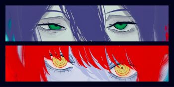 2girls blue_hair chainsaw_man eye_focus green_eyes hair_between_eyes highres huhaha09 looking_at_viewer makima_(chainsaw_man) multiple_girls red_hair reze_(chainsaw_man) ringed_eyes yellow_eyes