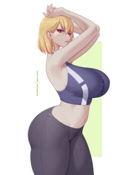1girl absurdres armpits arms_up black_pants blonde_hair blue_sports_bra breasts cha_hae-in curvy from_side highres large_breasts looking_at_viewer melowh midriff pants parted_lips purple_eyes short_hair solo solo_leveling sports_bra thighs two-tone_background yoga_pants