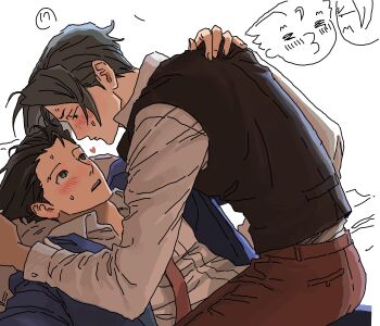 Rule 34 | 2boys, ace attorney, black hair, black vest, blue jacket, blush, brown pants, collared shirt, doodle inset, eye contact, grey eyes, grey hair, hand on another's shoulder, highres, jacket, jibog1043588, long sleeves, looking at another, male focus, miles edgeworth, multiple boys, necktie, nervous sweating, open clothes, open collar, open jacket, open mouth, pants, phoenix wright, red necktie, shirt, short hair, sweat, vest, white background, white shirt, yaoi