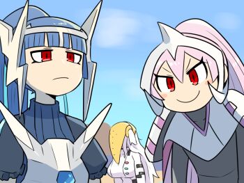 Rule 34 | 1boy, 2girls, armor, beach, blue hair, blue sweater, blush stickers, bodysuit, breasts, cartier (kasugai (de-tteiu)), commentary, dialga, eve (kasugai (de-tteiu)), fake horns, gen 4 pokemon, glaring, high ponytail, horned headwear, horns, kasugai (de-tteiu), large breasts, legendary pokemon, machia (kasugai (de-tteiu)), mask, mask on head, messy hair, multiple girls, nintendo, palkia, personification, pink hair, pokemon, ponytail, red eyes, regigigas, smile, sweater, white bodysuit, white hair
