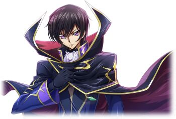 1boy apron black_gloves black_hair cape closed_mouth code_geass code_geass:_fukkatsu_no_lelouch code_geass:_lost_stories f4samurai gloves highres jacket lelouch_vi_britannia looking_at_viewer official_art purple_eyes purple_jacket simple_background solo transparent_background white_apron