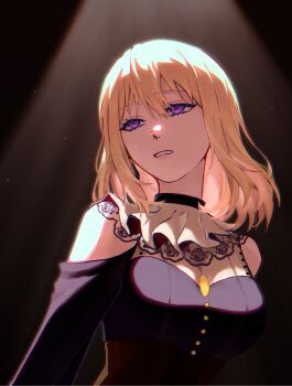 1girl absurdres bang_dream! bang_dream!_it&#039;s_mygo!!!!! black_background black_shirt black_sleeves blonde_hair breasts brown_corset buttons chinese_commentary commentary_request corset detached_sleeves doloris_(bang_dream!) eyelashes hair_between_eyes highres kaopu02112 large_breasts long_hair medium_hair misumi_uika purple_eyes shirt sleeveless sleeveless_shirt solo spotlight tareme upper_body