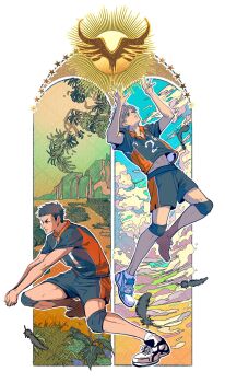 2boys arms_up black_feathers black_hair bump_(volleyball) falling_feathers feathers grey_hair haikyuu!! hashtag-only_commentary highres karasuno_volleyball_uniform knee_pads male_focus midriff momoyoru1 multiple_boys sawamura_daichi short_hair sportswear sugawara_koushi volleyball volleyball_uniform
