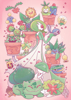 bellsprout blue_skin bob_cut budew bulbasaur cacnea cherrim colored_skin dress eldegoss exeggcute gardevoir gen_1_pokemon gen_2_pokemon gen_3_pokemon gen_4_pokemon gen_5_pokemon gen_8_pokemon green_hair green_skin highres hoppip jumpluff legendary_pokemon lotad maractus multicolored_skin mythical_pokemon nintendo oddish petals petilil pink_background pink_eyes pink_petals pokemon pokemon_(creature) poliwag ralts robin_e_kaplan roselia_(pokemon) seedot shaymin smoliv sunflora sunkern two-tone_skin white_dress white_skin yellow_eyes