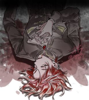 1boy ascot black_jacket blood cale_henituse commentary_request hand_on_own_chest highres jacket long_sleeves looking_at_viewer lout_of_count&#039;s_family lying male_focus multicolored_hair on_back open_mouth osewa6363 red_hair short_hair signature solo twitter_username upper_body upside-down white_ascot white_hair wings