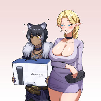 1boy 1girl ? absurdres animal_ears baku blonde_hair blush breasts cleavage clueless colored_skin dark-skinned_male dark_skin dress elf ephildis_agraliel game_console gradient_background green_eyes highres jewelry large_breasts oneeyedliger pink_background playstation_5 pointy_ears queen shimazu_baku silver_dress simple_background sony source_request tiger_boy tiger_ears virtual_youtuber white_background white_lady