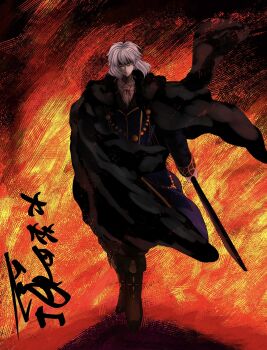 1boy coat fire floating_clothes floating_hair formal_clothes fur_coat ggifz6618 gloves hair_between_eyes highres holding holding_sword holding_weapon long_hair looking_at_viewer male_focus partially_shaded_face red_eyes sword tsukihime tsukihime_(remake) vlov_arkhangel walking_towards_viewer weapon white_gloves white_hair