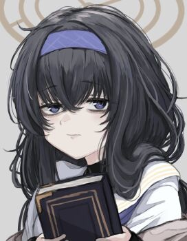 Rule 34 | 1girl, bags under eyes, black hair, blue archive, book, brown halo, commentary, crossed bangs, grey background, hair between eyes, hairband, halo, highres, holding, holding book, long hair, looking at viewer, neckerchief, pt (hakkinnpt001), purple eyes, purple hairband, purple neckerchief, sailor collar, school uniform, serafuku, simple background, solo, ui (blue archive), white sailor collar, white serafuku