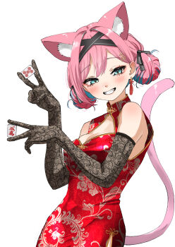 .live 1girl absurdres animal_ears black_gloves blue_eyes breasts cat_ears cat_girl cat_tail china_dress chinese_clothes cleavage cleavage_cutout clothing_cutout commentary_request double_bun dress earrings elbow_gloves gloves hair_bun hair_intakes highres holding holding_mahjong_tile jewelry large_breasts looking_at_viewer mahjong mahjong_tile multicolored_hair nekonade_kozeni pink_hair solo streaked_hair tail tama_(tamago) tassel tassel_earrings two-tone_hair upper_body virtual_youtuber