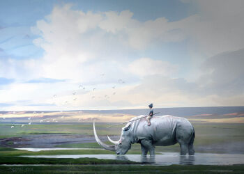 1boy animal blue_shirt blue_sky cloud cloudy_sky commentary english_commentary field flock from_behind grass holding holding_polearm holding_weapon landscape original outdoors painterly pants polearm pond raphael-lacoste rhinoceros riding riding_animal scenery shirt signature sky water weapon white_pants