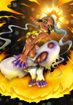 1girl blonde_hair breasts cameltoe clothing_cutout colored_eyelashes colored_tongue covered_erect_nipples cross-shaped_pupils dark-skinned_female dark_skin dissolving_clothes fangs from_below frye_(splatoon) gradient_hair highres inkling koharu2.5 long_hair looking_at_viewer medium_breasts multicolored_hair multiple_piercings navel nintendo own_hands_together panties pants pointy_nose purple_eyes purple_hair purple_tongue see-through_clothes see-through_pants shirt smile splatoon_(series) squatting symbol-shaped_pupils tentacle_hair toeless_legwear underboob underwear very_long_hair white_pants yellow_eyes yellow_panties yellow_pupils yellow_shirt