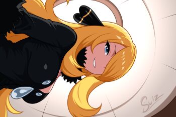 1girl artist_name black_coat black_fur blonde_hair blue_eyes coat cynthia_(pokemon) eyelashes fur_trim hair_ornament hair_over_one_eye highres long_hair long_sleeves looking_at_viewer nintendo pokemon pokemon_dppt smile solo su1zide upper_body very_long_hair