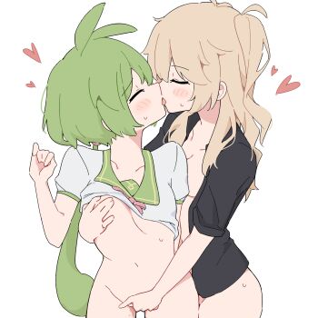 2girls black_shirt blonde_hair blush bottomless breasts closed_eyes clothes_lift commentary_request fingering french_kiss giryu grabbing_another&#039;s_breast grabbing_from_behind green_hair groping heart highres kasukabe_tsumugi kiss long_hair multiple_girls open_clothes open_shirt ponytail pussy_juice reach-around shirt shirt_lift simple_background small_breasts sweat tongue tongue_out voicevox white_background white_shirt yuri zundamon