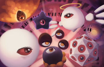 colored_sclera commentary_request dark_matter_(kirby) dark_mind dark_nebula eyelashes halo highres kirby&#039;s_dream_land_3 kirby:_squeak_squad kirby_&amp;_the_amazing_mirror kirby_(series) kirby_64 kirby_star_allies miracle_matter nintendo no_humans one-eyed red_sclera smile sparkle star_(symbol) suyasuyabi void_termina void_termina_(final_core) wings zero_(kirby) zero_two_(kirby)