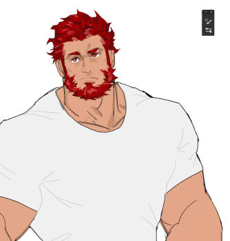 1boy akunaakun_(kunkun586586) art_program_in_frame bara beard closed_mouth commentary facial_hair fate_(series) iskandar_(casual_wear)_(fate) iskandar_(fate) looking_up muscular muscular_male raised_eyebrow red_hair shirt symbol-only_commentary unfinished white_background white_shirt
