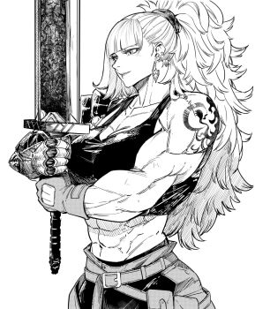 1girl abs belt black_tank_top dee_sekai denim earrings gauntlets gloves greatsword greyscale high_ponytail highres holding holding_sword holding_weapon jewelry mole mole_under_mouth monochrome muscular muscular_female original pants ponytail shoulder_tattoo simple_background single_gauntlet single_glove smile solo sword tank_top tattoo weapon white_background