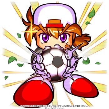 Rule 34 | 1boy, artist request, ball, brown hair, commentary request, copyright notice, gloves, grey shirt, holding, holding ball, ikari susumu, jikkyou powerful pro yakyuu, jikkyou powerful pro yakyuu (style), jikkyou powerful soccer, leaf, low ponytail, multicolored shoes, no mouth, official art, playing sports, ponytail, purple eyes, rayman limbs, red shoes, shirt, shoes, soccer, soccer ball, solo, thick eyebrows, translation request, two-tone shoes, white gloves, white shoes