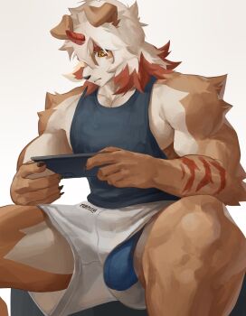 1boy arknights artist_name bara black_shirt black_tank_top blue_male_underwear bulge chinese_commentary claws closed_mouth clothing_aside colored_tips commentary_request furry furry_male highres holding holding_phone horns hung_(arknights) komainu_boy komainu_ears looking_down male_focus male_underwear multicolored_hair muscular muscular_male pectorals phone shirt shorts shorts_aside single_horn sitting sleeveless sleeveless_sweater sweater tank_top trtoutoongo underwear white_background white_shorts