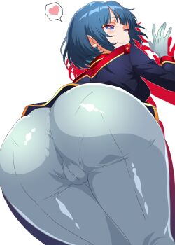 1girl ass ass_focus blue_eyes blue_hair cameltoe commentary_request gloves gundam gundam_gquuuuuux heart mature_female military_uniform minazuki_noumu pants shiiko_sugai short_hair sidelocks solo spoken_heart titans_(gundam) white_background white_gloves white_pants zeta_gundam