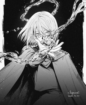 Rule 34 | 1boy, altus (centuria), armor, artist name, black background, cape, centuria, centuria (manga), ctqnue, dated, greyscale, hydrokinesis, incoming attack, looking at viewer, magic, monochrome, pauldrons, shoulder armor, solo, swirl, swirling, water, water drop