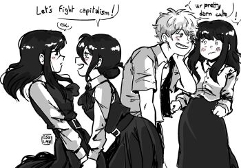 2girls artist_name black_hair blush chainsaw_man collared_shirt couple cross_scar denji_(chainsaw_man) dress fourth_east_high_school_uniform greyscale hetero long_hair mitaka_asa monochrome multiple_girls open_mouth osulan pinafore_dress reze_(chainsaw_man) ringed_eyes scar scar_on_face school_uniform shirt short_hair simple_background sleeveless sleeveless_dress smile white_background yoru_(chainsaw_man) yuri