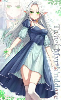 Rule 34 | 1girl, absurdres, artist name, blue choker, blue collar, blue dress, blush, breasts, character name, choker, cleavage, closed mouth, collar, collarbone, commission, commissioner upload, dress, elf, feet out of frame, forehead, green eyes, highres, holding, leaf, long hair, looking at viewer, lori hagami, medium breasts, official art, parted bangs, pointy ears, puffy short sleeves, puffy sleeves, short sleeves, smile, solo, standing, taael myrthnddare, thighhighs, very long hair, ways of darkness (series), white hair, white thighhighs, zoom layer