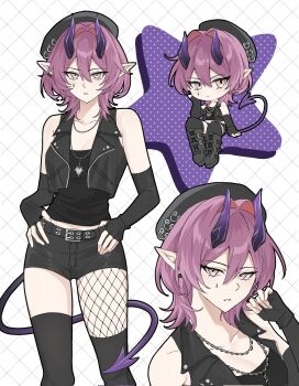 1girl amo20839453 arknights ascalon_(arknights) asymmetrical_legwear bare_shoulders belt belt_buckle beret black_belt black_gloves black_hat black_shorts buckle chain chain_necklace chibi chinese_commentary closed_mouth commentary_request corrupted_twitter_file crop_top cropped_jacket ear_piercing elbow_gloves fingerless_gloves fishnet_pantyhose fishnets gloves grid grid_background hair_between_eyes hair_intakes hands_on_own_hips hat heart highres jacket jewelry looking_at_viewer multiple_views necklace open_clothes open_jacket pantyhose parted_lips piercing pink_eyes pink_hair pointy_ears punk purple_tail short_hair short_shorts shorts single_leg_pantyhose single_thighhigh sleeveless sleeveless_jacket star_(symbol) tail teardrop_facial_mark thighhighs uneven_legwear white_background