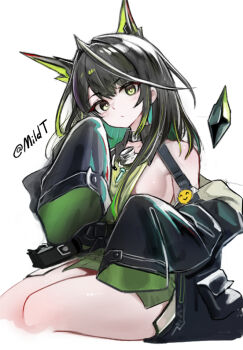 1girl animal_ears arknights bare_shoulders black_hair breasts bright_pupils closed_mouth cropped_legs green_eyes green_hair humanization long_hair looking_at_viewer medium_breasts mildt mon3tr_(arknights) multicolored_hair simple_background sleeves_past_fingers sleeves_past_wrists solo strap streaked_hair white_background white_pupils