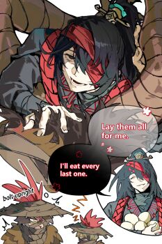 3boys absurdres baihuahua5441 black_eyes black_hair blonde_hair brown_hair dreaming egg family_hierarch_candidate_(identity)_(project_moon) harpy_boy heathcliff_(project_moon) heishou_pack-you_branch_(identity)_(project_moon) high_ponytail highres hong_lu_(project_moon) implied_egg_laying limbus_company long_hair monster_boy multiple_boys open_mouth ponytail project_moon red_bandage simple_background sinclair_(project_moon) smile speech_bubble talons very_long_hair white_background yaoi