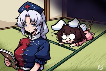 2girls :/ animal_ears arianne20131 bags_under_eyes blank_eyes blue_dress blue_eyes book bound breasts brown_hair closed_mouth commentary constellation_print dragging dress english_commentary flying_sweatdrops hat highres holding holding_book inaba_tewi multiple_girls nurse_cap open_mouth pink_dress rabbit_ears red_dress rope signature touhou two-tone_dress upper_body white_hair yagokoro_eirin