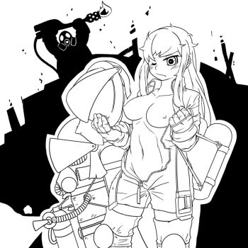 Rule 34 | 1girl, breasts, female focus, flamethrower, gas mask, greyscale, holding flamethrower, holding weapon, jumpsuit, large breasts, long hair, mask, monochrome, nipples, no panties, one eye closed, pyro (tf2), solo, team fortress 2, undressing, weapon