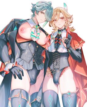 2boys abs alhaitham_(genshin_impact) alhaitham_(kfc)_(genshin_impact) alpaitham aqua_eyes black_gloves black_jacket black_leotard black_shirt black_thighhighs blonde_hair breasts bulge closed_mouth earrings feather_hair_ornament feathers fingerless_gloves genshin_impact gloves grey_hair hair_between_eyes hair_ornament hair_over_one_eye highres jacket jewelry kaveh_(genshin_impact) kaveh_(kfc)_(genshin_impact) large_breasts leotard long_hair long_sleeves looking_at_viewer male_focus multicolored_hair multiple_boys muscular muscular_male nipples open_clothes open_shirt red_eyes shirt short_hair streaked_hair thighhighs white_background yaoi