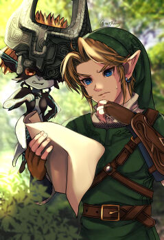 1boy 1girl absurdres black_skin blue_eyes blue_skin brown_hair colored_sclera colored_skin finger_to_mouth floating foliage frown green_hat green_tunic hat helmet highres link mi9clous midair midna multicolored_skin neon_trim nintendo one_eye_covered orange_hair pointing pointy_ears red_eyes shirt the_legend_of_zelda the_legend_of_zelda:_twilight_princess thinking tunic two-tone_skin white_shirt yellow_sclera