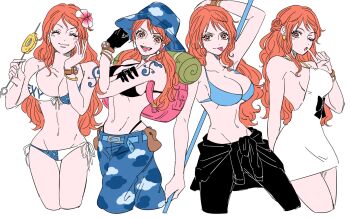 Rule 34 | 1girl, backpack, bag, bangle, bare shoulders, bikini, bikini top only, black bikini, black gloves, black jacket, black pants, blue bikini, blue hat, blue pants, bracelet, breasts, camouflage, camouflage hat, camouflage pants, cleavage, clima-tact, closed eyes, clothes around waist, commentary, cropped legs, dress, earrings, flower, front-tie bikini top, front-tie top, gloves, hair flower, hair ornament, halterneck, hat, highres, holding, holding staff, jacket, jacket around waist, jewelry, large breasts, log pose, long hair, looking at viewer, low twintails, mike (tomatomato244), multicolored bikini, multiple views, nami (one piece), official alternate costume, official alternate hairstyle, one eye closed, one piece, one piece film: gold, open mouth, orange eyes, orange hair, pants, pearl earrings, shoulder tattoo, side-tie bikini bottom, smile, staff, stomach, swimsuit, tattoo, tongue, tongue out, twintails, two-tone bikini, wavy hair, white background, white dress