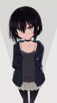 1girl arms_behind_back black_camisole black_choker black_hair black_jacket black_pantyhose blush breasts camisole choker closed_mouth collarbone cowboy_shot expressionless highres jacket looking_at_viewer miniskirt null_(nyanpyoun) open_clothes open_jacket original pantyhose short_hair simple_background skirt small_breasts solo tan tanline variant_set white_skirt yellow_eyes