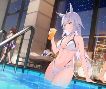 4girls absurdres alternate_costume animal_ears armpits barefoot bikini blue_bikini blue_eyes blush breasts brown_hair cai_ji_(user_jmrv4342) chair closed_eyes closed_mouth commentary_request cup disposable_cup drinking_straw ear_covers ear_ornament ear_piercing full_body grey_bikini grey_hair hair_between_eyes hair_ornament hairband highres holding holding_cup horse_ears horse_girl horse_tail inari_one_(umamusume) indoors large_breasts layered_bikini long_hair multi-strapped_bikini_bottom multi-strapped_bikini_top multicolored_hair multiple_girls navel oguri_cap_(umamusume) on_chair open_mouth partially_submerged piercing pool pool_ladder poolside purple_bikini revision streaked_hair swimsuit tail tamamo_cross_(umamusume) twintails umamusume very_long_hair