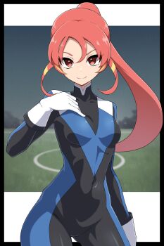 1girl absurdres black_bodysuit blue_bodysuit bodysuit breasts closed_mouth commentary_request covered_navel gloves highres inazuma_eleven_(series) inazuma_eleven_victory_road long_hair looking_at_viewer multicolored_bodysuit pink_eyes pink_hair ponytail red_eyes red_hair shabana_may shinohara_raika skin_tight smile solo white_gloves