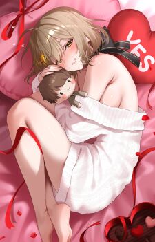 Rule 34 | 1girl, absurdres, anis (nikke), armpit crease, bare shoulders, barefoot, blush, breasts, brown hair, character doll, commander (nikke), commentary request, doll, feet, goddess of victory: nikke, heart, heart-shaped pillow, highres, hugging doll, hugging object, large breasts, looking at viewer, nigi (ngmnoym), off-shoulder sweater, off shoulder, pillow, short hair, sideboob, smile, solo, sweater, thighs, valentine, white sweater, yes-no pillow