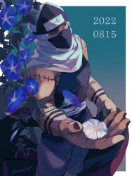 Rule 34 | 1boy, artist name, border, character request, dated, flower, forehead protector, highres, male focus, mask, mouth mask, muscular, muscular male, naruto (series), ninja, ninja mask, signature, solo, unno 24, upper body, white border