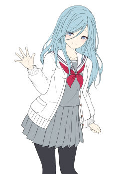 Rule 34 | 1girl, absurdres, arm at side, black pantyhose, blue eyes, blue hair, blush, breasts, cardigan, closed mouth, collarbone, cowboy shot, dot nose, flat color, grey serafuku, grey shirt, grey skirt, hair between eyes, hand up, highres, hinomori shizuku, long hair, long sleeves, looking at viewer, maou1561, miyamasuzaka girls' academy school uniform, mole, mole under mouth, neckerchief, open cardigan, open clothes, pantyhose, pleated skirt, project sekai, red neckerchief, sailor collar, school uniform, serafuku, shirt, sidelocks, simple background, skirt, small breasts, smile, solo, standing, unbuttoned, waving, white background, white cardigan, white sailor collar