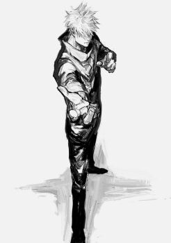 1boy arms_up collared_shirt commentary_request full_body gojou_satoru hair_over_eyes highres jujutsu_kaisen jujutsu_tech_uniform kuwoniagyu11112 long_sleeves male_focus outstretched_arm pants popped_collar shirt short_hair solo spiked_hair standing white_background