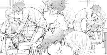 2boys adam's_apple chair collared_shirt commentary death_note eye_contact face-to-face french_kiss greyscale hands_on_another's_face kiss l_(death_note) long_sleeves looking_at_another male_focus monochrome multiple_boys multiple_views ruttika_shin shared_handcuffs shirt sitting standing yagami_light yaoi