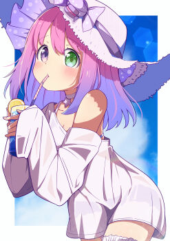 1girl absurdres bare_shoulders bendy_straw bikini bikini_under_clothes blue_sky blush breasts choker cleavage closed_mouth cloud collarbone commentary_request cup day drink drinking_glass drinking_straw green_eyes hair_between_eyes hat heterochromia highres himemori_luna holding holding_cup hololive leaning_forward long_sleeves looking_at_viewer multicolored_hair off_shoulder okota_mikan pink_hair purple_eyes purple_hair see-through_clothes see-through_shirt shirt skindentation sky sleeves_past_wrists small_breasts solo straw_hat swimsuit two-tone_hair virtual_youtuber white_bikini white_choker white_hat white_shirt