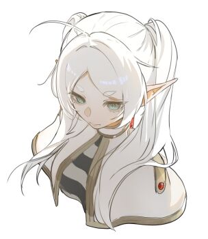 Rule 34 | bad anatomy, blue eyes, capelet, cropped shoulders, elf, frieren, from above, highres, kamui (kurohshiro1), long hair, meme, parted bangs, pointy ears, portrait, serious, shirt, short eyebrows, simple background, sousou no frieren, striped clothes, striped shirt, twintails, upward angle frieren drawing (meme), white background, white capelet, white hair