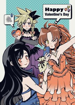 1boy 2girls aerith_gainsborough aerith_gainsborough_(red_dress) ahoge aqua_background armlet bare_shoulders black_bow black_hair blue_negligee blue_ribbon blush border bow bracelet braid breasts brown_hair choker cloud_strife cloud_strife_(blue_dress) commentary cowboy_shot crossdressing crossdressing_(mtf) crossed_arms dress english_commentary final_fantasy final_fantasy_vii final_fantasy_vii_remake flamenco_dress flower frilled_dress frills furrowed_brow gift gold_armlet green_eyes hair_bow hair_flower hair_ornament hair_ribbon happy_valentine highres holding holding_gift jewelry light_blush lingerie long_dress long_hair looking_at_viewer medium_breasts miri_(mirik) multiple_girls multiple_necklaces necklace negligee official_alternate_costume official_alternate_hairstyle one_eye_closed parted_bangs ponytail purple_dress purple_eyes purple_nails red_bow red_dress red_eyes red_flower red_nails red_ribbon ribbon ribbon_choker ringlets side_slit sidelocks spiked_hair spoken_squiggle squiggle star_(symbol) star_bracelet star_necklace strapless strapless_dress sweatdrop tifa_lockhart tifa_lockhart_(refined_dress) twin_braids twitter_username underwear white_border