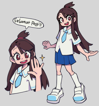 1girl blue_necktie blue_skirt brown_eyes brown_hair collared_shirt crossover full_body grey_background highres indonesian_text kagari_atsuko little_witch_academia long_hair looking_at_viewer necktie nichijou open_mouth pleated_skirt school_uniform shirt shoes short_sleeves simple_background skirt smile socks solo sparkle speech_bubble teeth tokisadame_school_uniform translated upper_teeth_only white_shirt white_shoes white_socks yihe_mi