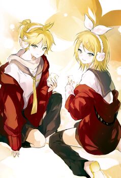 1boy 1girl :d blonde_hair brother_and_sister brown_eyes brown_sailor_collar brown_shorts card closed_mouth commentary earmuffs hair_between_eyes hair_ornament hairclip heart highres holding holding_card jacket kagamine_len kagamine_rin leg_warmers long_sleeves looking_at_viewer lpip nail_polish off_shoulder open_clothes open_jacket open_mouth playing_card puffy_long_sleeves puffy_sleeves red_jacket sailor_collar shirt shoe_soles shoes shorts siblings sitting sleeves_past_wrists smile symbol-only_commentary vocaloid wariza white_shirt white_shoes yellow_nails