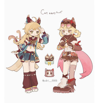 2girls :3 ahoge animal_ears animal_feet animalization asymmetrical_clothes asymmetrical_legwear asymmetrical_sleeves beanie black_shorts blonde_hair blue_eyes bow braid braided_hair_rings cape cat cat_ears cat_tail closed_mouth compass detached_sleeves english_text eyewear_on_head fake_animal_ears fingerless_gloves full_body genshin_impact gloves green_eyes hair_bow hair_rings hat highres jahoda_(genshin_impact) kirara_(cat)_(genshin_impact) kirara_(genshin_impact) leaning_forward leg_warmers leotard long_hair looking_at_another mechanical_arms miniskirt multicolored_eyes multiple_girls multiple_tails nekomata open_mouth pink-tinted_eyewear prosthesis prosthetic_arm shoes shorts simple_background single_glove single_leg_warmer single_mechanical_arm single_sleeve single_thighhigh skirt standing star-shaped_pupils star_(symbol) sunglasses symbol-shaped_pupils tail thighhighs tinted_eyewear torn_clothes torn_thighhighs two-tone_eyes two_tails very_long_hair white_background yellow_eyes yuhi_0909